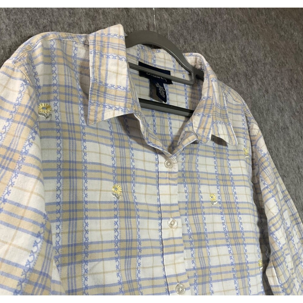Vintage Shirt Womens Plus 1X White Plaid Embroidered Floral Cotton Cottage Top